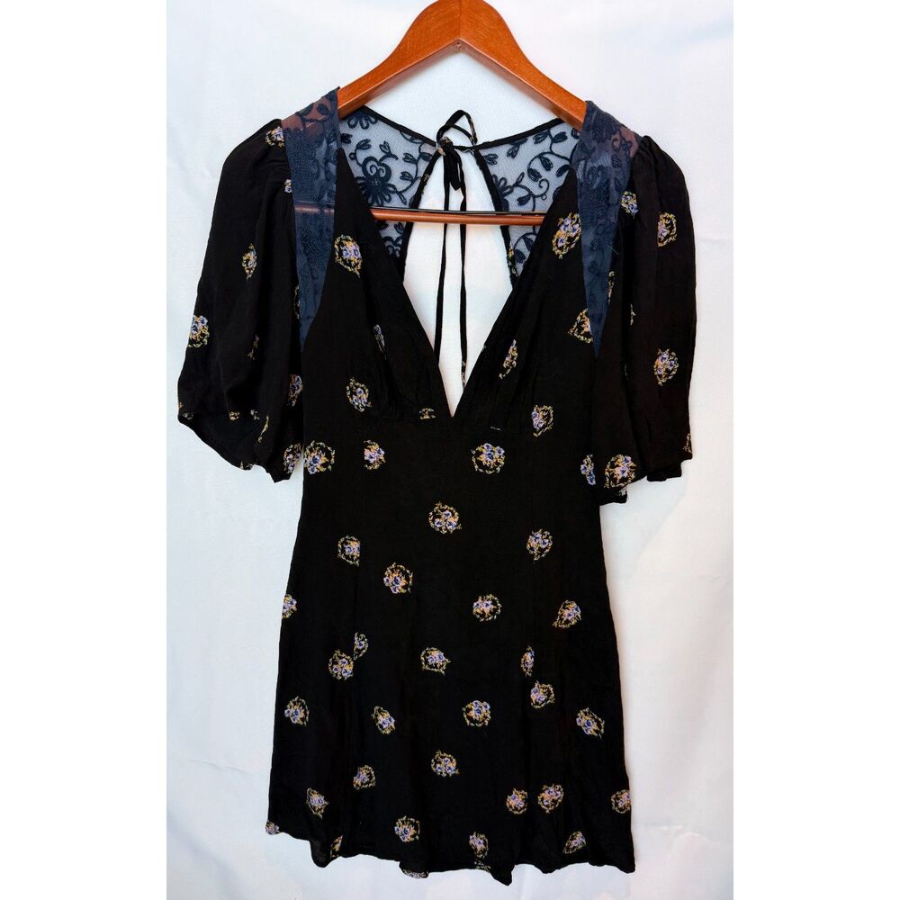 Free People Whimsigoth Coquette Black Floral Open Back Lace Mini Dress 2